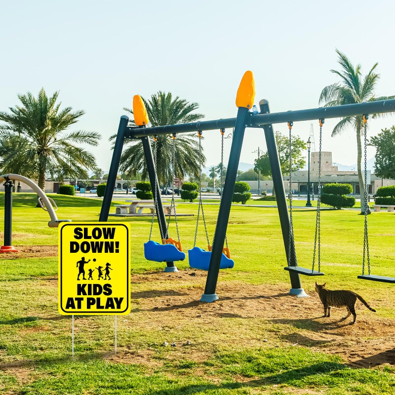 BLSUREFYX 3 PCS Slow Down Kids At Play Sign 14.2 x 11 Inches Children At Play Safety Signs for Street Double Sided Weatherproof Slow Down Signs for Street Neighborhoods Yard Outdoor Use Yellow - Image 4
